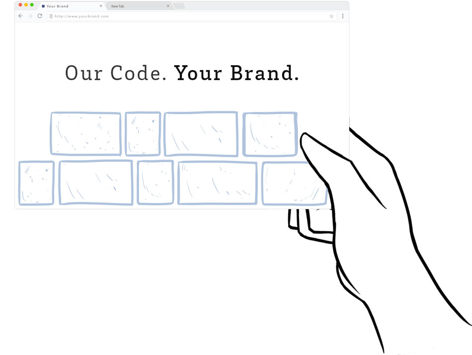 Hand holding a site page saying Our Code Your Brand